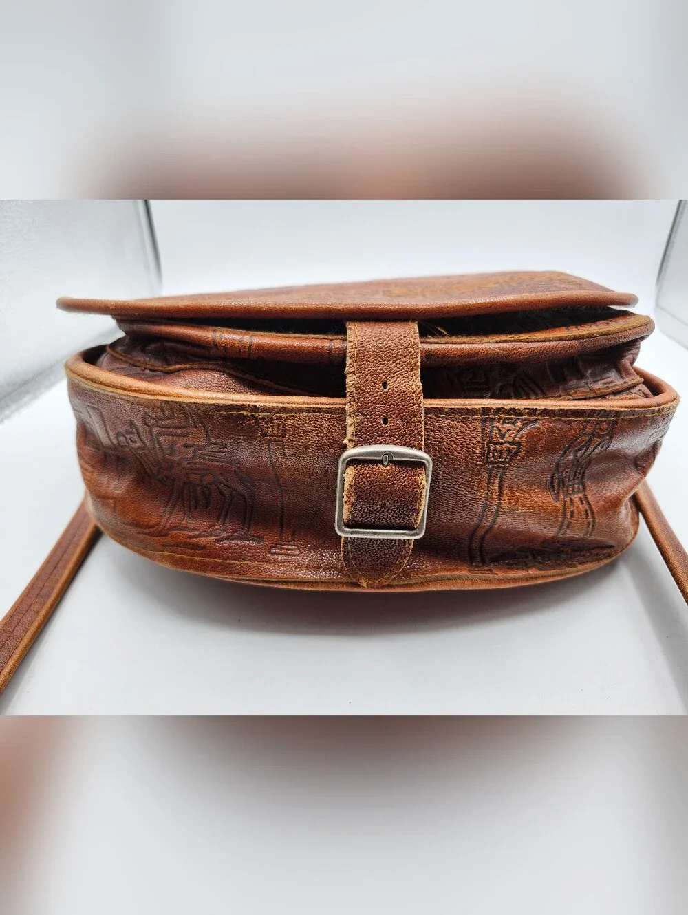 Jerusalem Embossed Leather Crossbody Vintage Bag Brown Handmade Handtooled - Picture 5 of 9